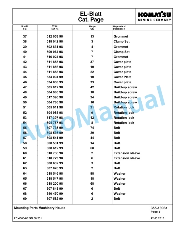 Komatsu PC4000-6E Hydraulic Excavator Parts Manual G08231-2