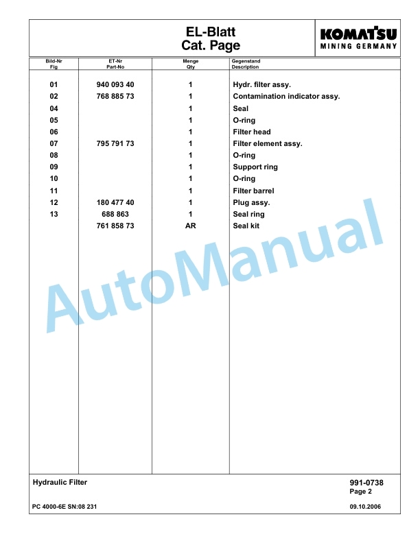 Komatsu PC4000-6E Hydraulic Excavator Parts Manual G08231-5