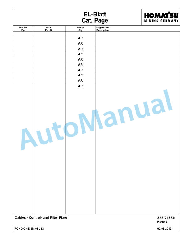 Komatsu PC4000-6E Hydraulic Excavator Parts Manual G08233-4