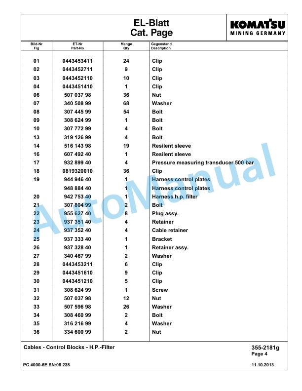 Komatsu PC4000-6E Hydraulic Excavator Parts Manual G08238-2