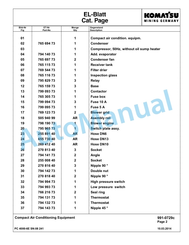 Komatsu PC4000-6E Hydraulic Excavator Parts Manual G08241-5