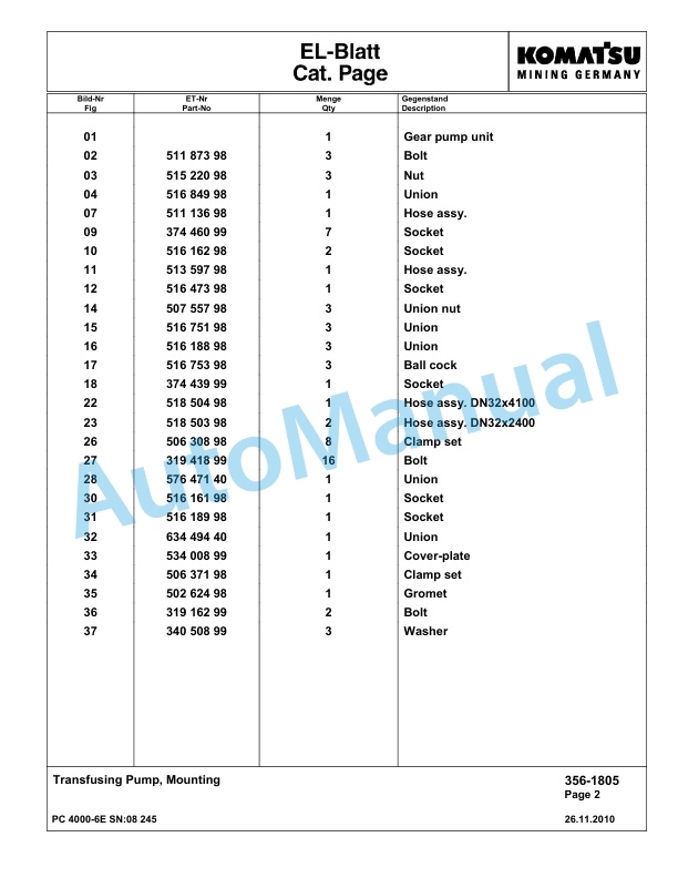 Komatsu PC4000-6E Hydraulic Excavator Parts Manual G08245-3