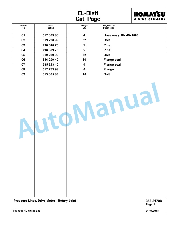 Komatsu PC4000-6E Hydraulic Excavator Parts Manual G08245-4