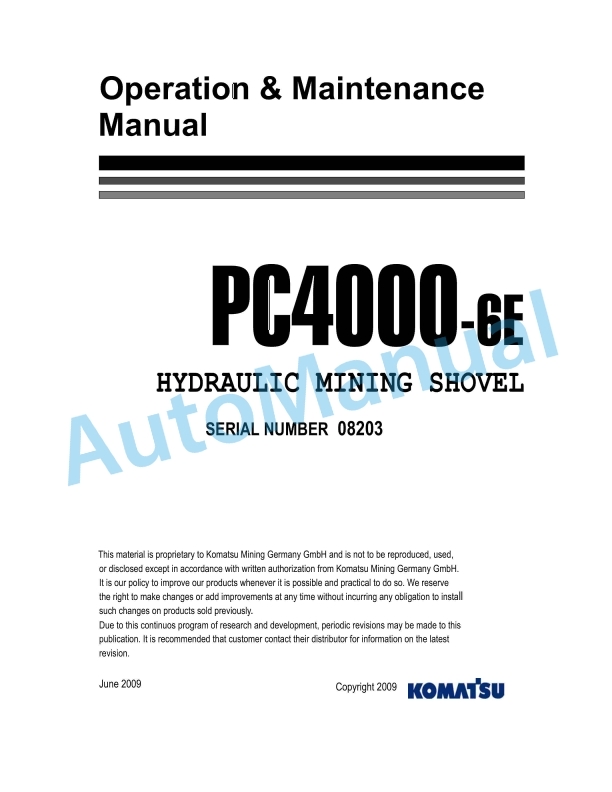 Komatsu PC4000-6E Hydraulic Mining Shovel Operation and Maintenance Manual GZEAM08203