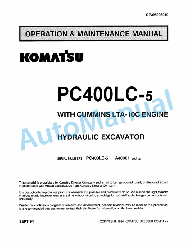 Komatsu PC400LC-5 Hydraulic Excavator Operation and Maintenance Manual CEAM208040