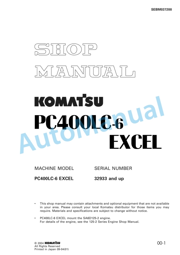 Komatsu PC400LC-6 Excel Hydraulic Excavator Shop Manual SEBM037200