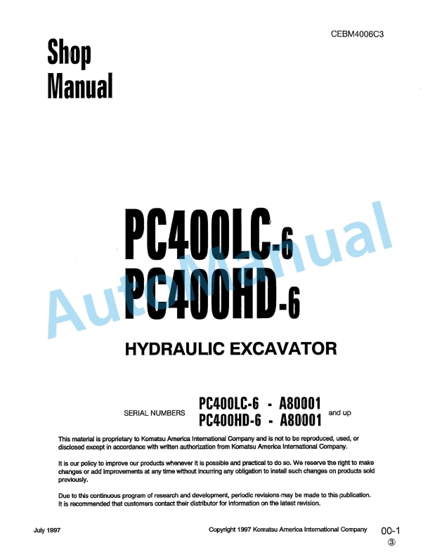 Komatsu PC400LC-6, PC400HD-6 Hydraulic Excavator Shop Manual CEBM4006C3