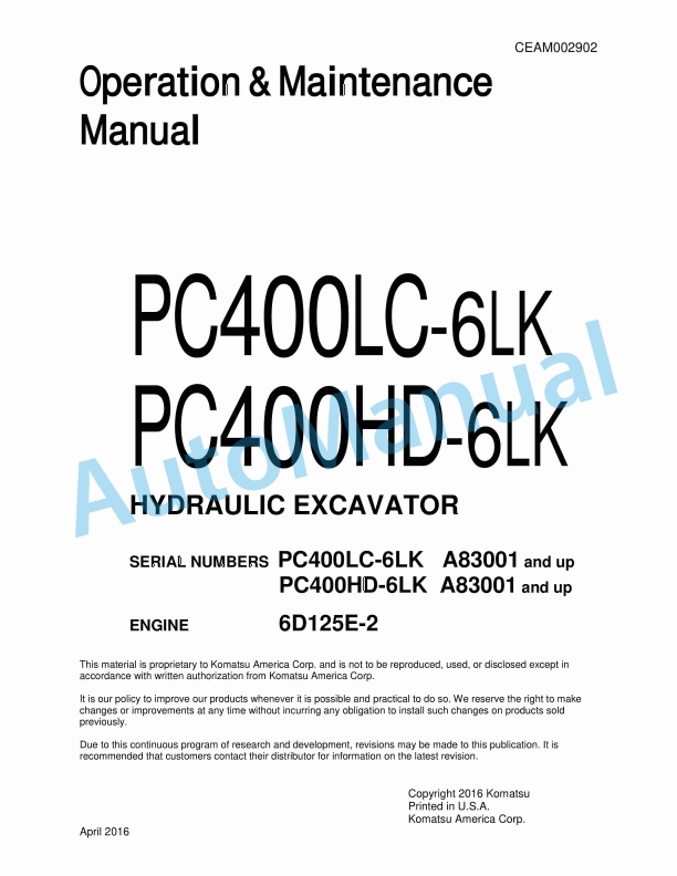 Komatsu PC400LC-6LK, PC400HD-6LK Hydraulic Excavator Operation and Maintenance Manual CEAM002902