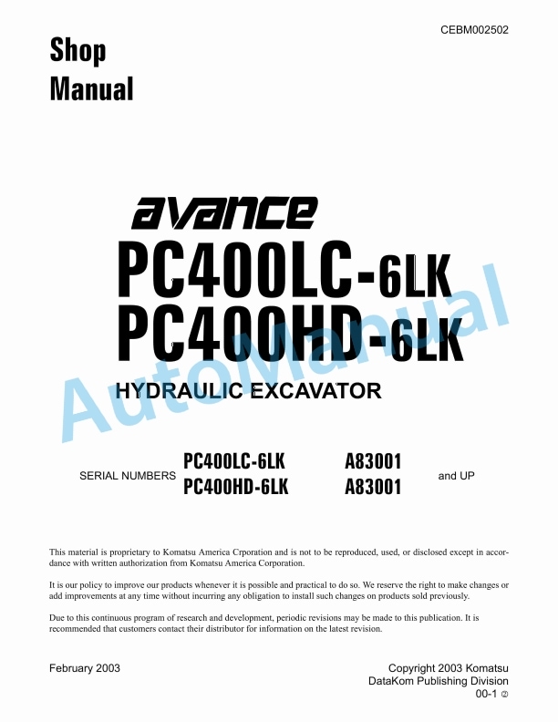Komatsu PC400LC-6LK, PC400HD-6LK Hydraulic Excavator Shop Manual CEBM002502