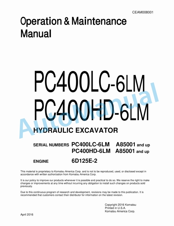Komatsu PC400LC-6LM, PC400HD-6LM Hydraulic Excavator Operation and Maintenance Manual CEAM008001
