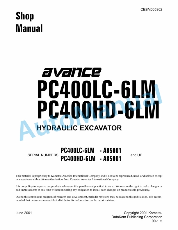 Komatsu PC400LC-6LM, PC400HD-6LM Hydraulic Excavator Shop Manual CEBM005302
