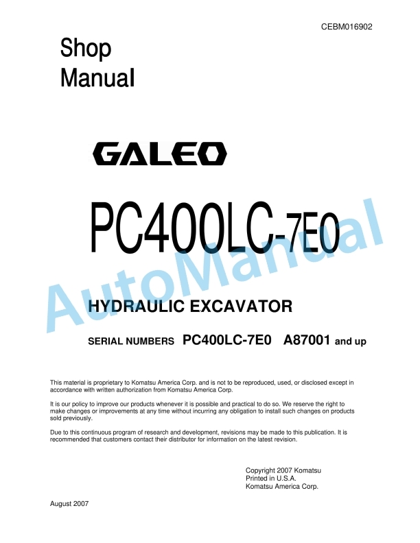 Komatsu PC400LC-7E0 Hydraulic Excavator Shop Manual CEBM016902