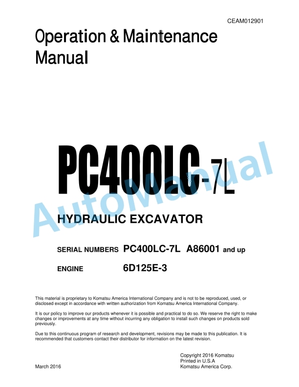 Komatsu PC400LC-7L Hydraulic Excavator Operation and Maintenance Manual CEAM012901