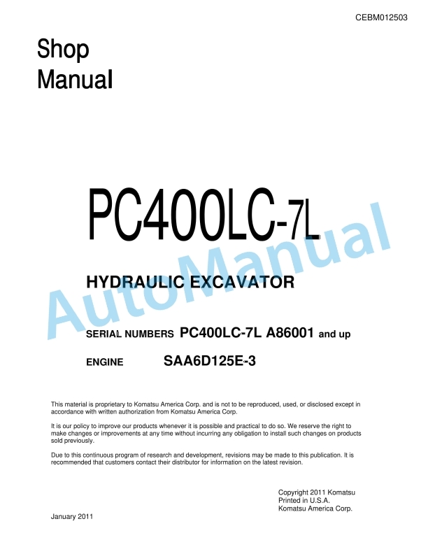 Komatsu PC400LC-7L Hydraulic Excavator Shop Manual CEBM012503