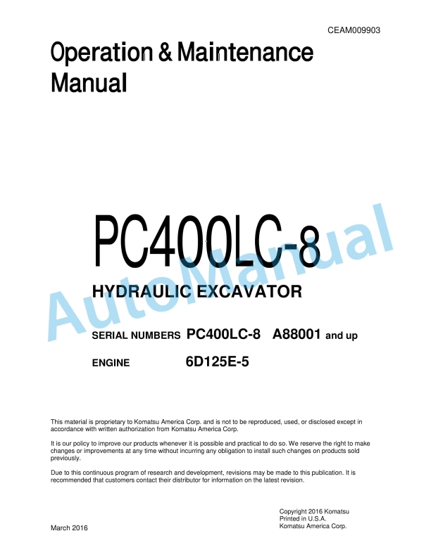 Komatsu PC400LC-8 Hydraulic Excavator Operation and Maintenance Manual CEAM009903