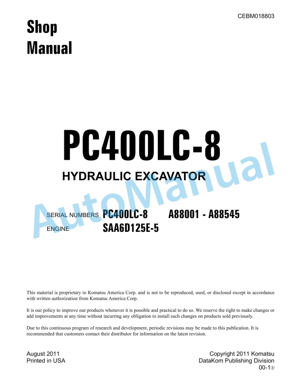 Komatsu PC400LC-8 Hydraulic Excavator Shop Manual CEBM018803