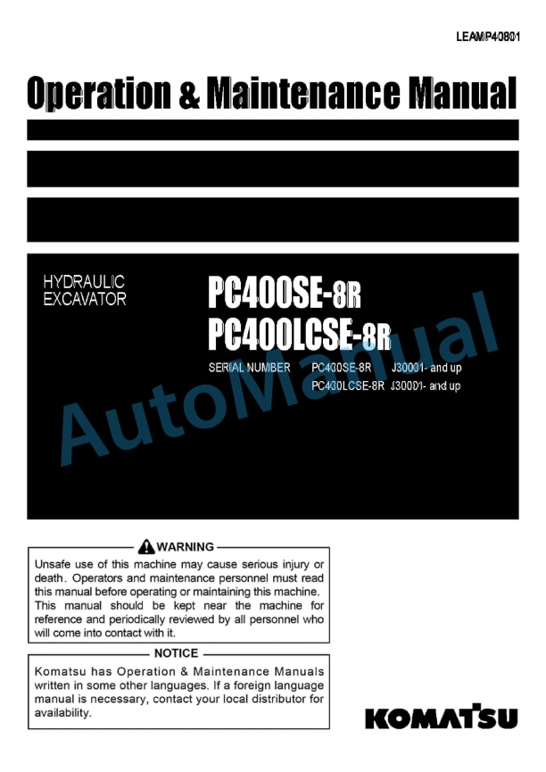 Komatsu PC400SE-8R, PC400LCSE-8R Hydraulic Excavator Operation and Maintenance Manual LEAMP40801
