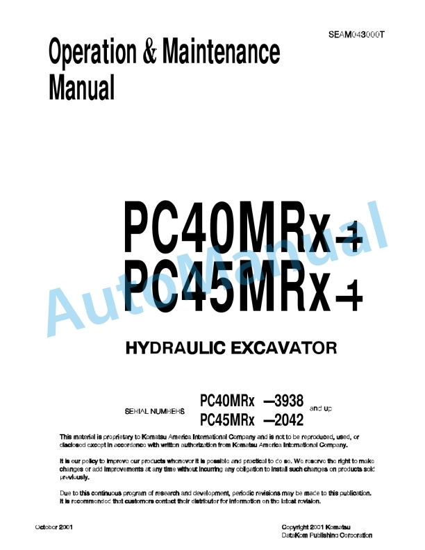 Komatsu PC40MRX-1, PC45MRX-1 Hydraulic Excavator Operation and Maintenance Manual SEAM043000T