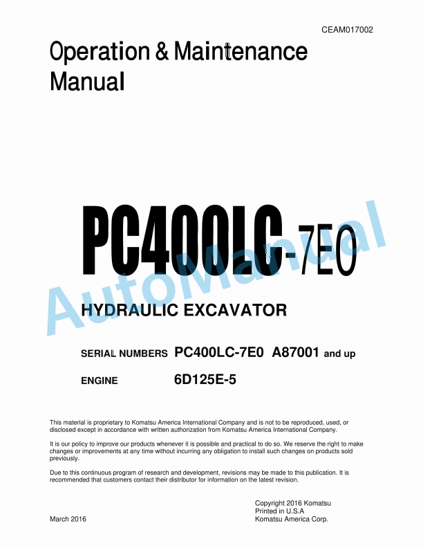 Komatsu PC4300LC-7E0 Hydraulic Excavator Operation and Maintenance Manual CEAM017002