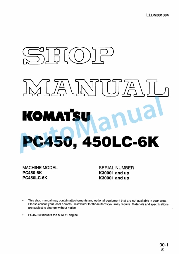 Komatsu PC450-6K, PC450LC-6K Hydraulic Excavator Shop Manual EEBM001304