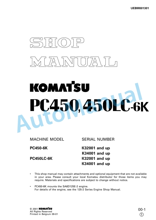 Komatsu PC450-6K, PC450LC-6K Hydraulic Excavator Shop Manual UEBM001301