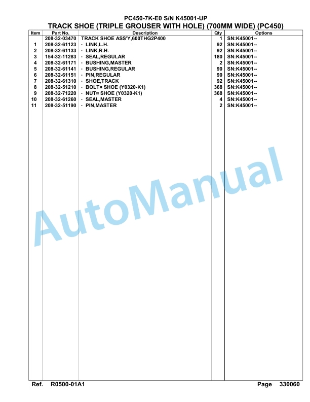 Komatsu PC450-7K-E0 Hydraulic Excavator Parts Manual K45001-UP-4