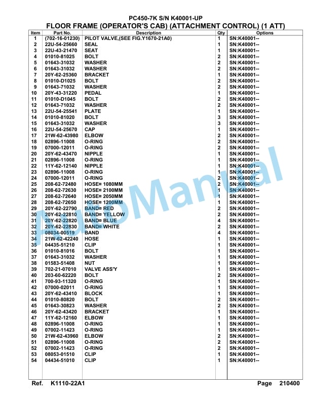 Komatsu PC450-7K Hydraulic Excavator Parts Manual SAA6D1DU-3