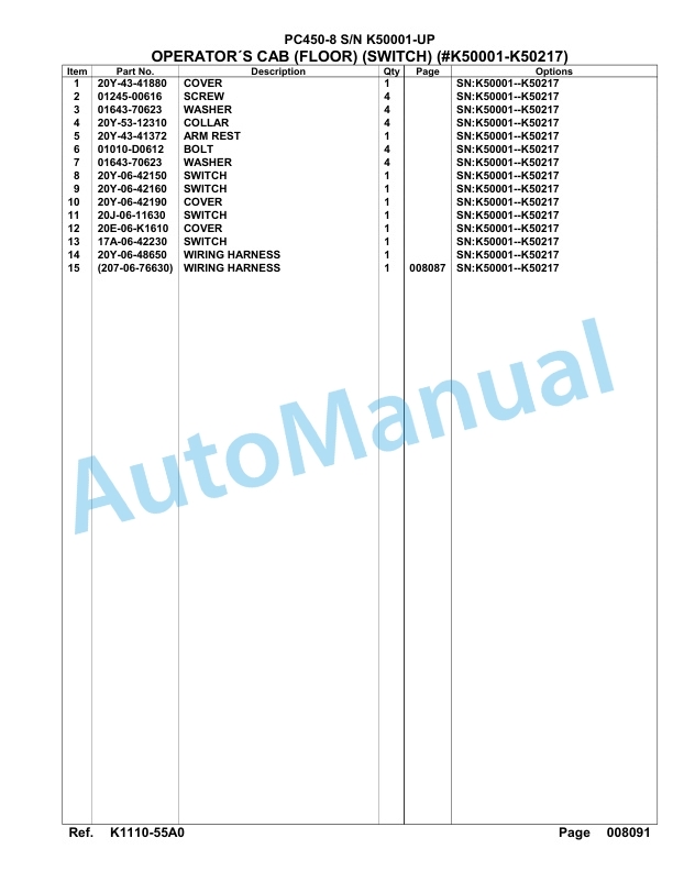 Komatsu PC450-8 Hydraulic Excavator Parts Manual SAA6D1NU-3