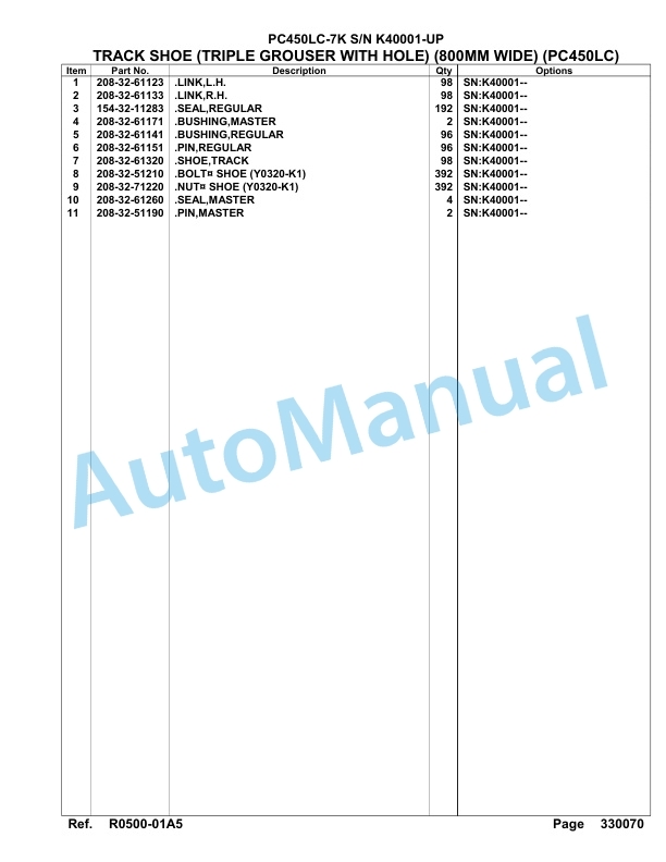 Komatsu PC450LC-7K Hydraulic Excavator Parts Manual SAA6D1DU-4