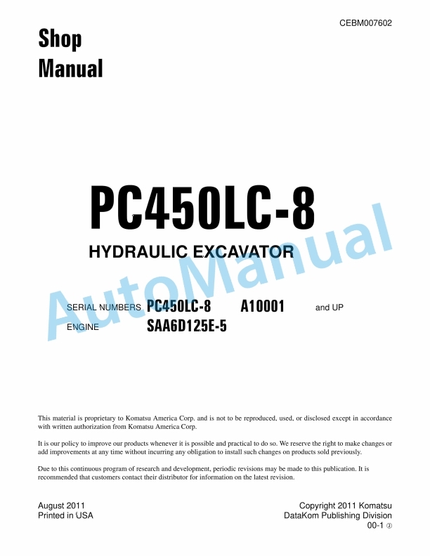 Komatsu PC450LC-8 Hydraulic Excavator Shop Manual CEBM007602