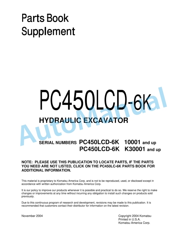 Komatsu PC450LCD-6K Hydraulic Excavator Parts Manual