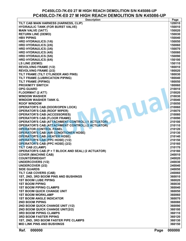 Komatsu PC450LCD-7K-E0 27M High Reach Demolition Hydraulic Excavator Parts Manual K45086-UP