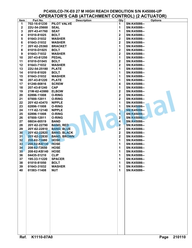 Komatsu PC450LCD-7K-E0 27M High Reach Demolition Hydraulic Excavator Parts Manual K45086-UP-3