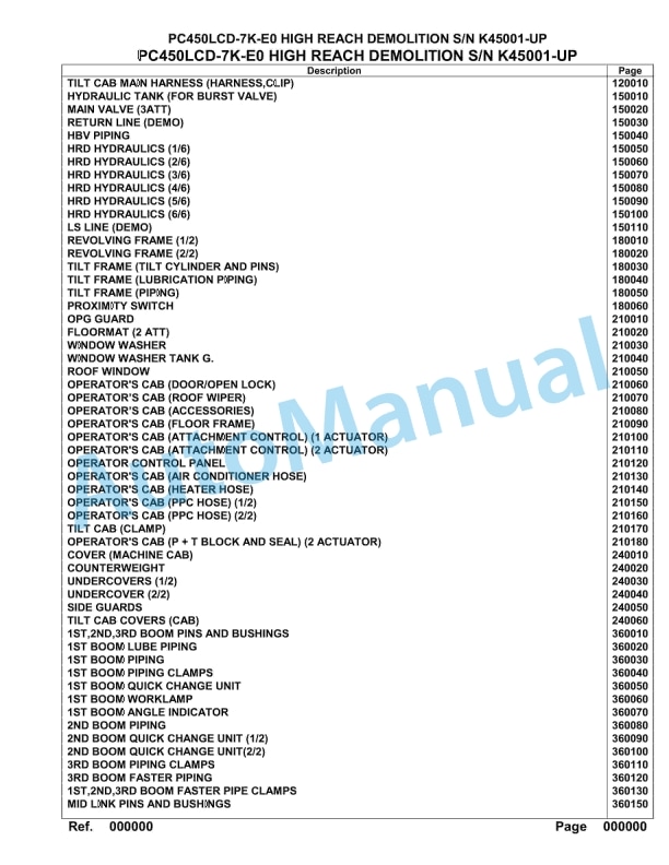 Komatsu PC450LCD-7K-E0 High Reach Demolition Hydraulic Excavator Parts Manual K45001-UP