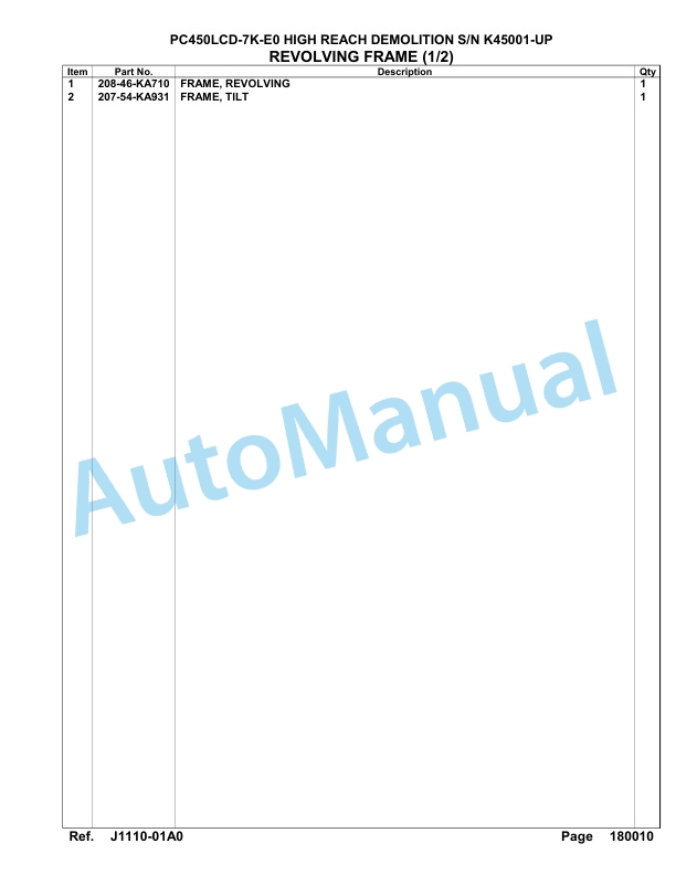 Komatsu PC450LCD-7K-E0 High Reach Demolition Hydraulic Excavator Parts Manual K45001-UP-2