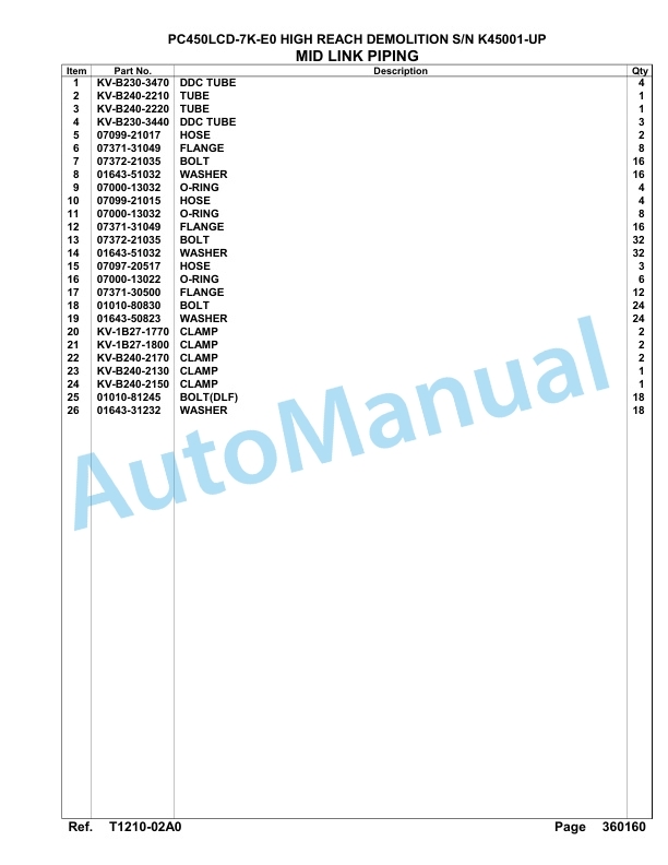 Komatsu PC450LCD-7K-E0 High Reach Demolition Hydraulic Excavator Parts Manual K45001-UP-5