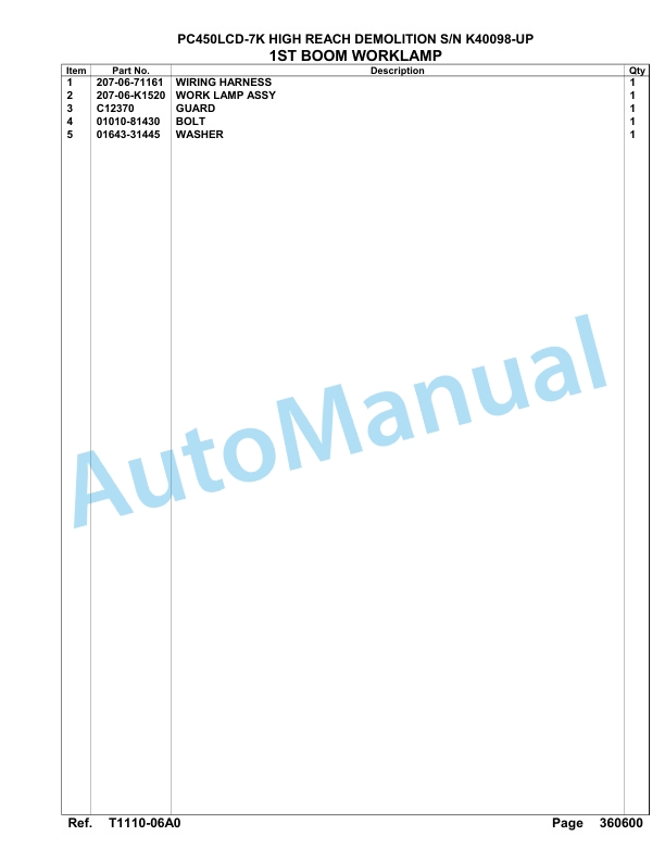 Komatsu PC450LCD-7K High Reach Demolition Hydraulic Excavator Parts Manual K40098-UP-4