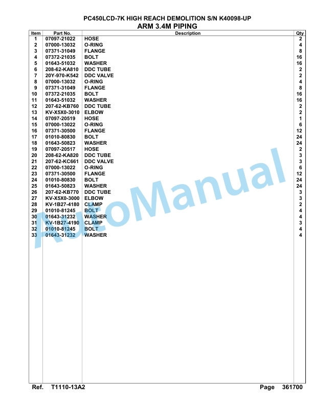 Komatsu PC450LCD-7K High Reach Demolition Hydraulic Excavator Parts Manual K40098-UP-5