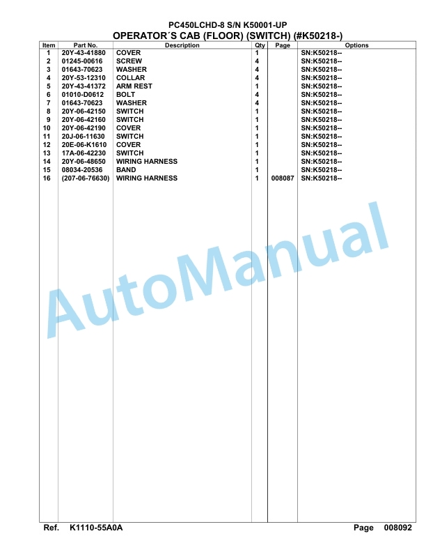 Komatsu PC450LCHD-8 Hydraulic Excavator Parts Manual SAA6D1NU-3