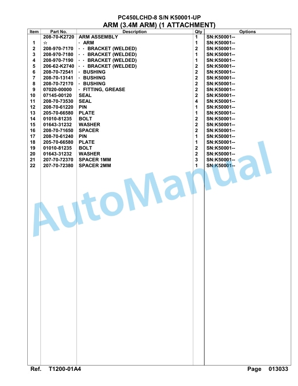 Komatsu PC450LCHD-8 Hydraulic Excavator Parts Manual SAA6D1NU-4