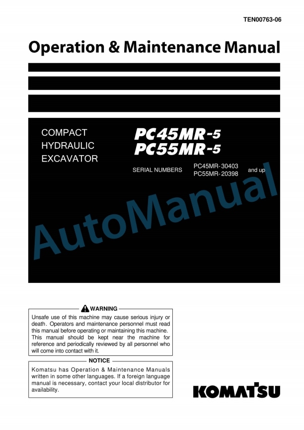 Komatsu PC45MR-3, PC55MR-3 Compact Hydraulic Excavator Operation and Maintenance Manual TEN00763-06