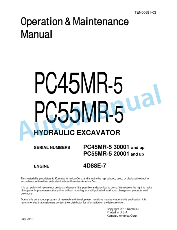 Komatsu PC45MR-5, PC55MR-5 Hydraulic Excavator Operation and Maintenance Manual TEN00691-03