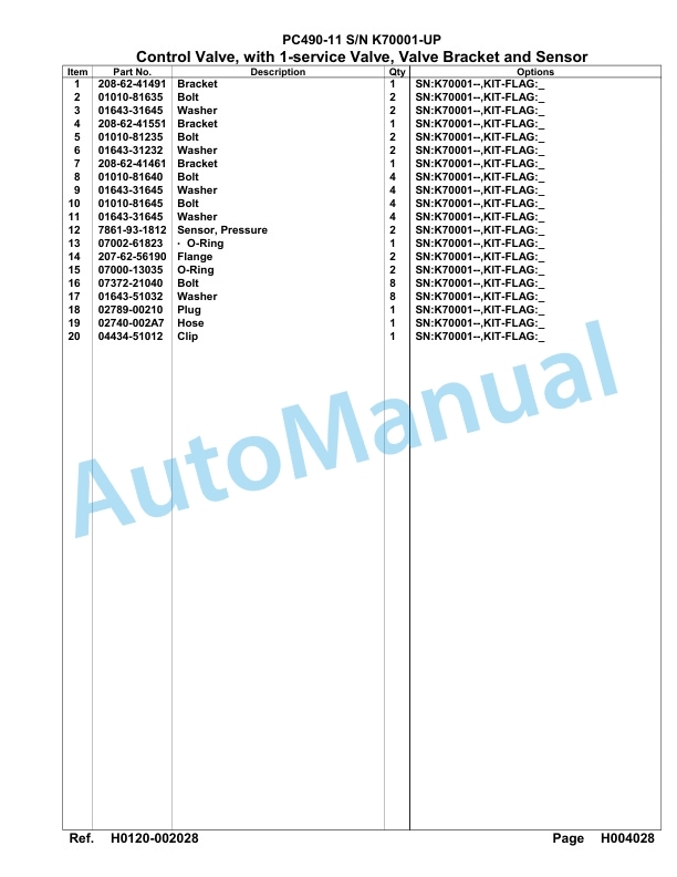 Komatsu PC490-11 Hydraulic Excavator Parts Manual K70001-UP-2
