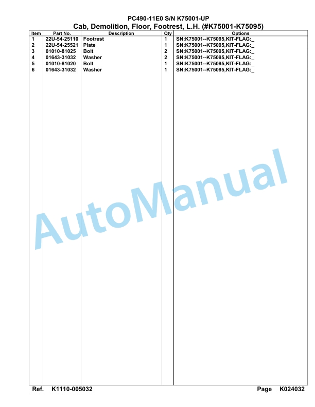 Komatsu PC490-11E0 Hydraulic Excavator Parts Manual PC00058U-4