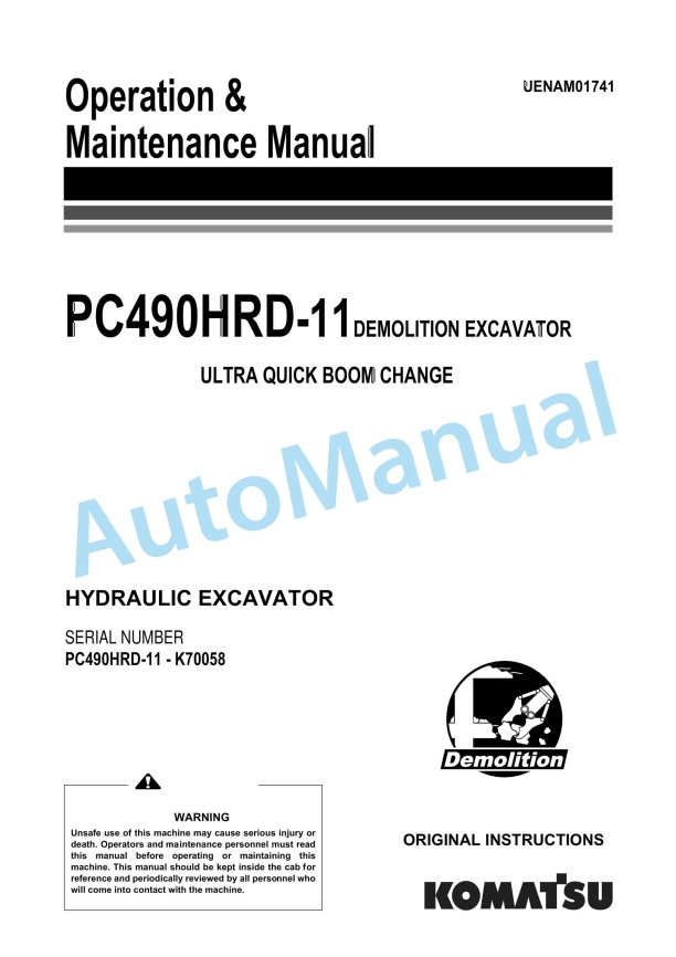 Komatsu PC490HRD-11 Demolition Hydraulic Excavator Operation and Maintenance Manual UENAM01741