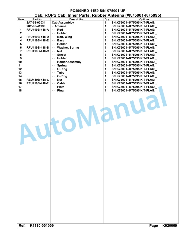 Komatsu PC490HRD-11E0 Hydraulic Excavator Parts Manual PC00058U-3