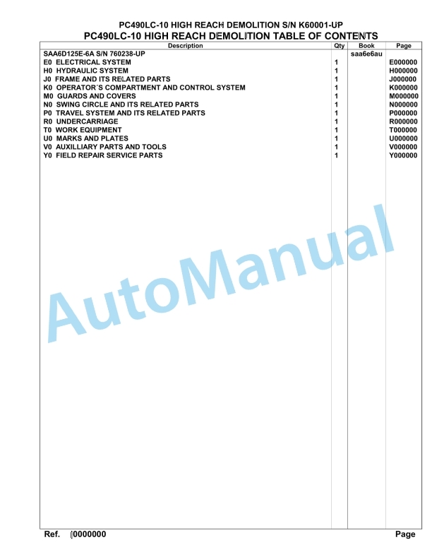 Komatsu PC490LC-10 High Reach Demolition Hydraulic Excavator Parts Manual SAA6E6AU