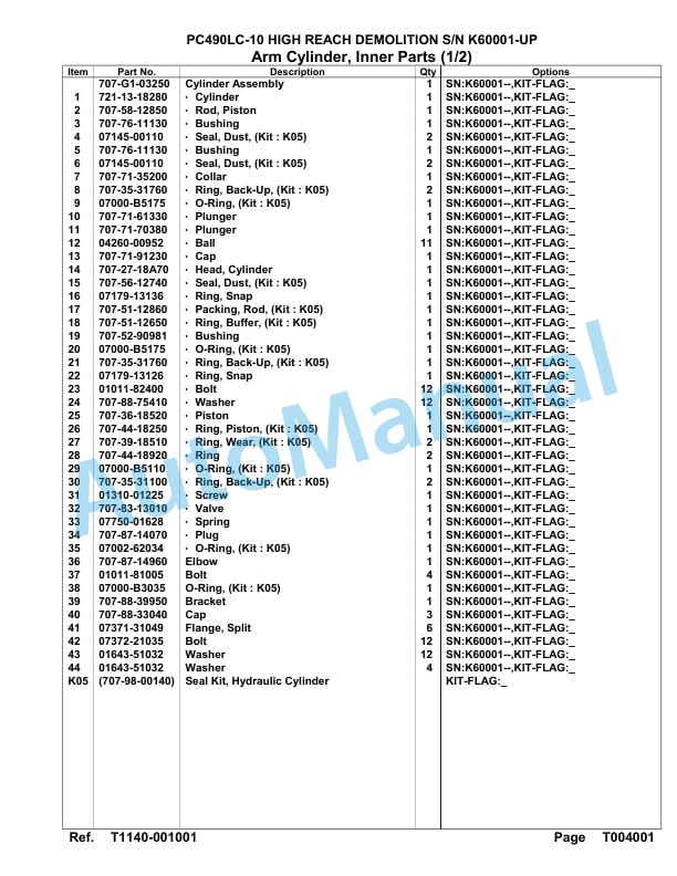 Komatsu PC490LC-10 High Reach Demolition Hydraulic Excavator Parts Manual SAA6E6AU-4