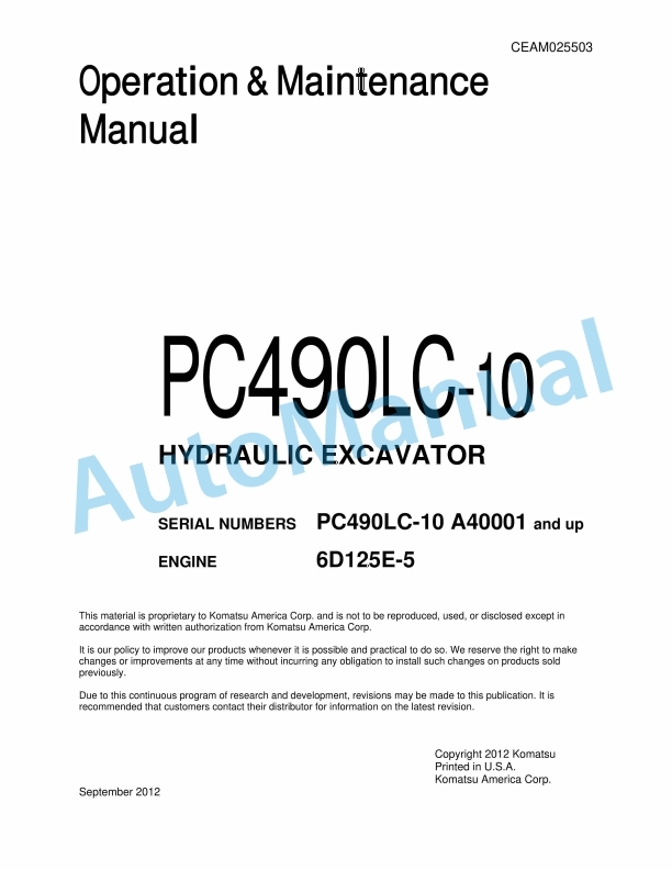 Komatsu PC490LC-10 Hydraulic Excavator Operation and Maintenance Manual CEAM025503