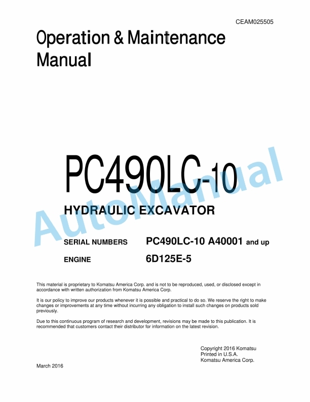 Komatsu PC490LC-10 Hydraulic Excavator Operation and Maintenance Manual CEAM025505